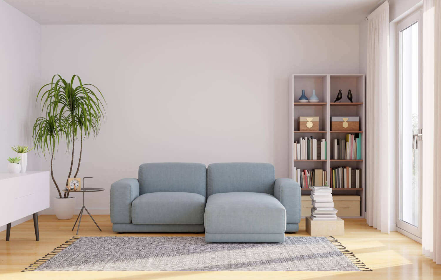 small living room with two seated corner sofa and white carpet