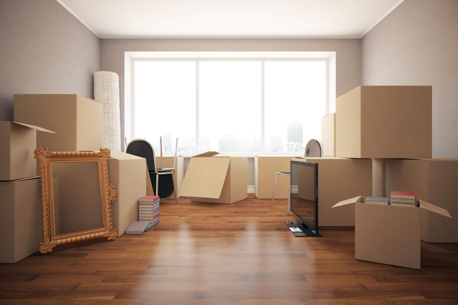 empty room full of moving boxes and other home belongings in front of big window for relocation