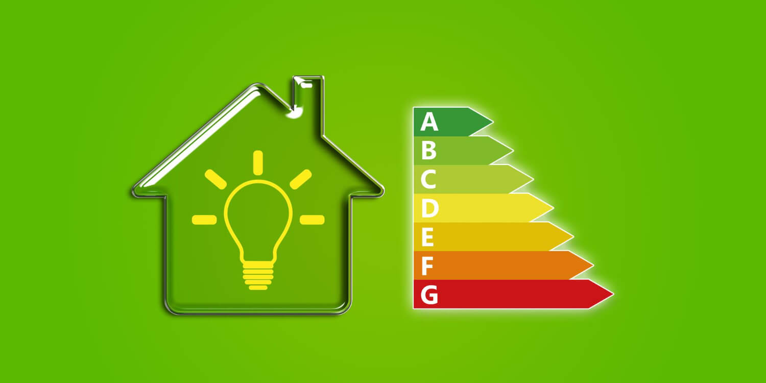property shape with energy saving icon and energy efficiency rating chart beside it with green backround