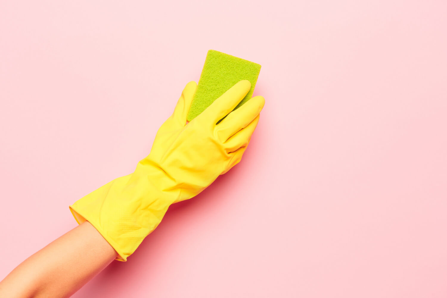 female hand holding green sponge on pink backround