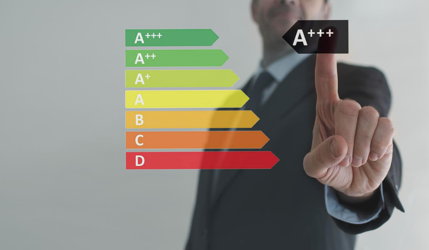 cropped business man hand choosing the best option ecology system with energy efficiency rating chart