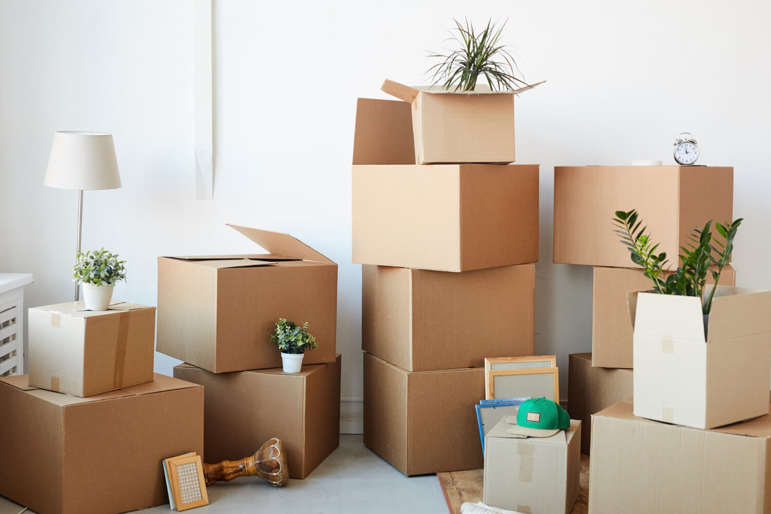 ront view of cardboard boxes staffed in empty room with plants and other personal belongings for relocation