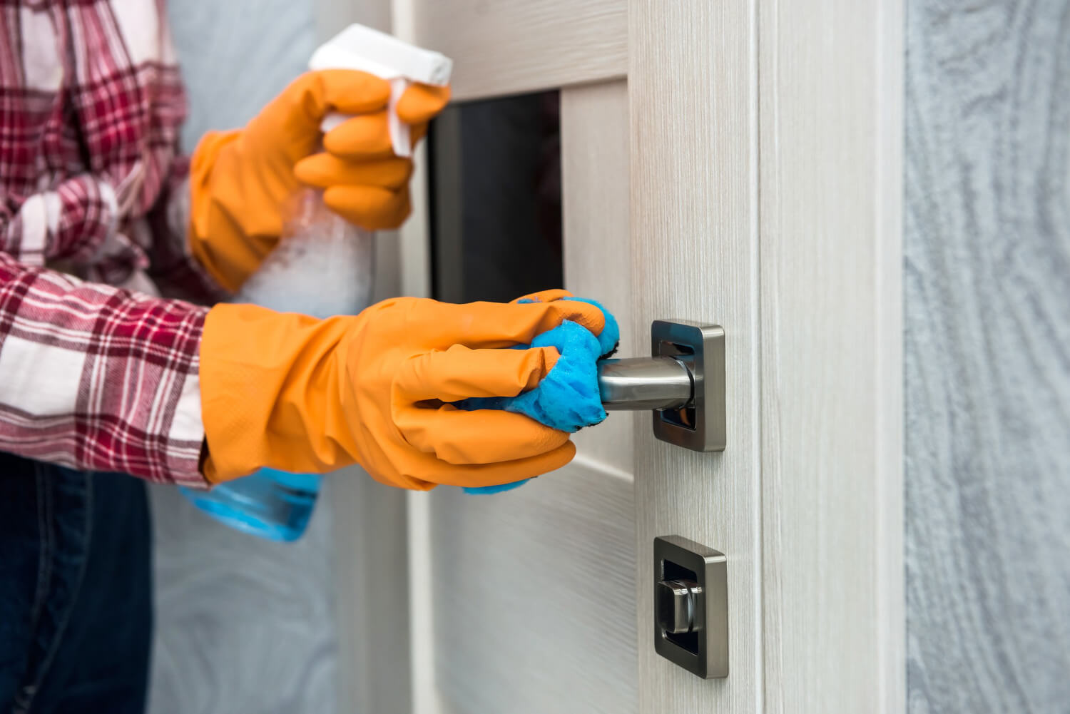 close up female hands in orange protective glove cleaning wooden door handle with blue cloth while holding cleaning spray
