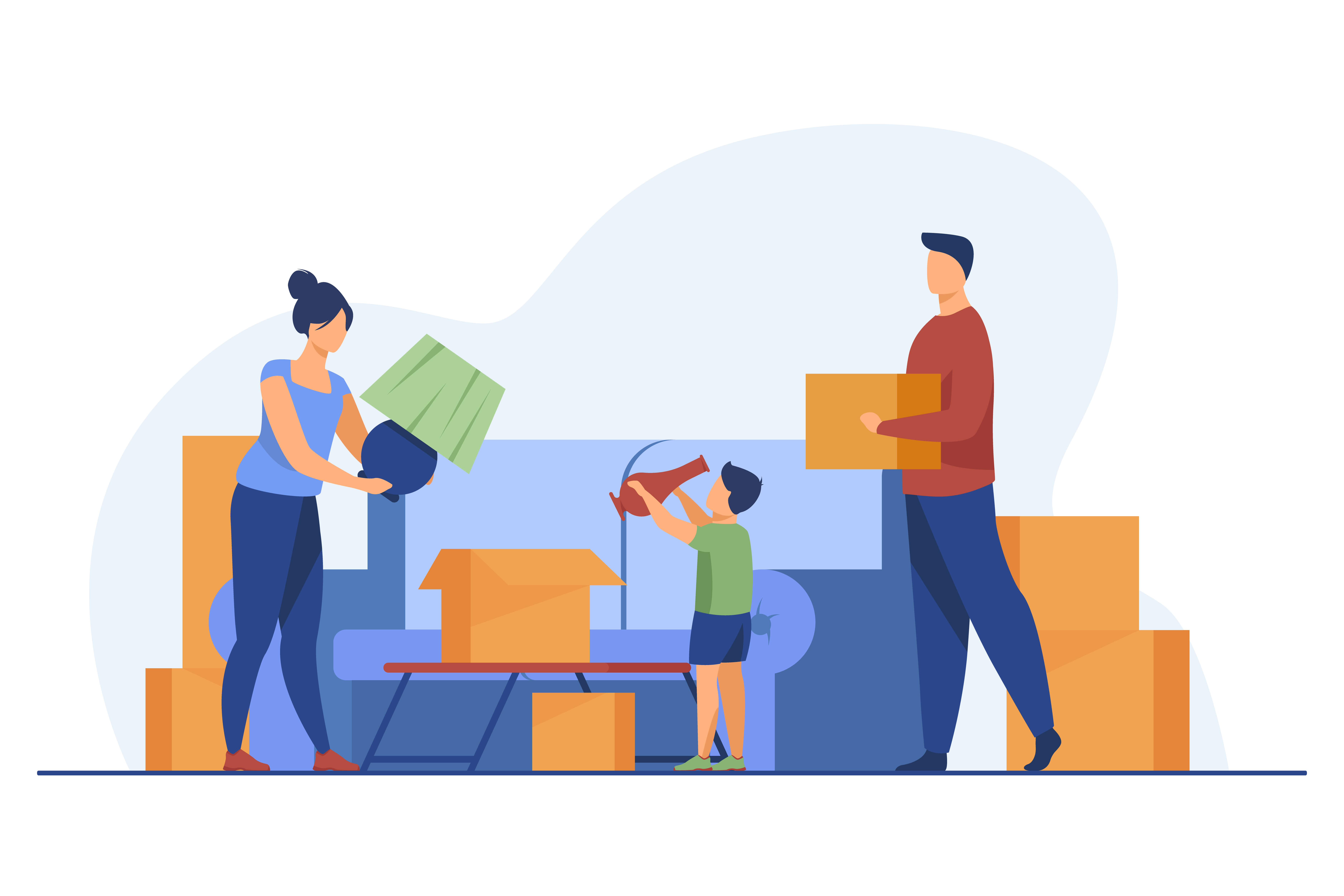 animated front view of family packing home belongings in boxes for relocation