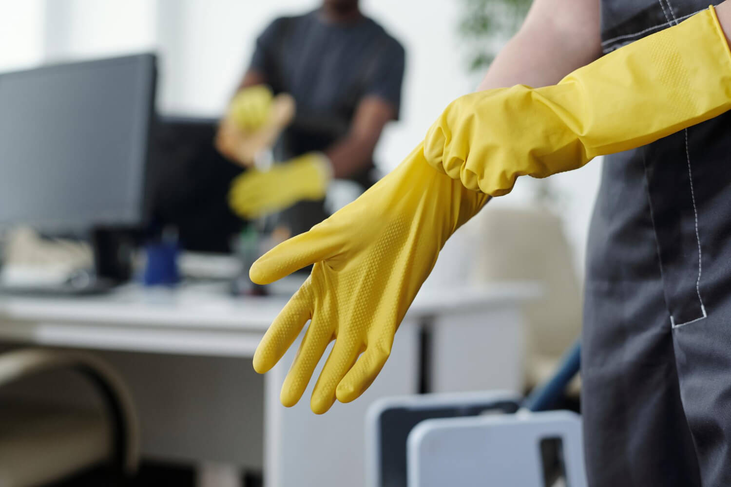 close up female cleaner hands putting on yellow gloves preparing for office cleaning