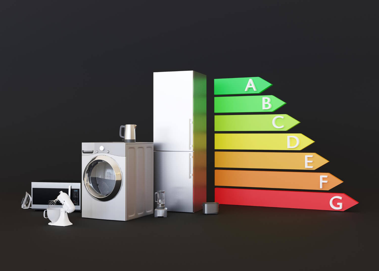 different household appliances with energy efficiency rating chart and black backround