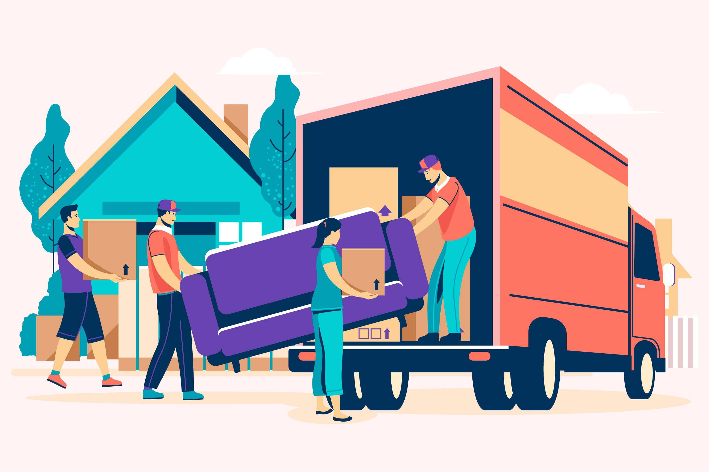 animated photo of two movers and two homeowners loading sofa and moving boxes at the back of a removal truck