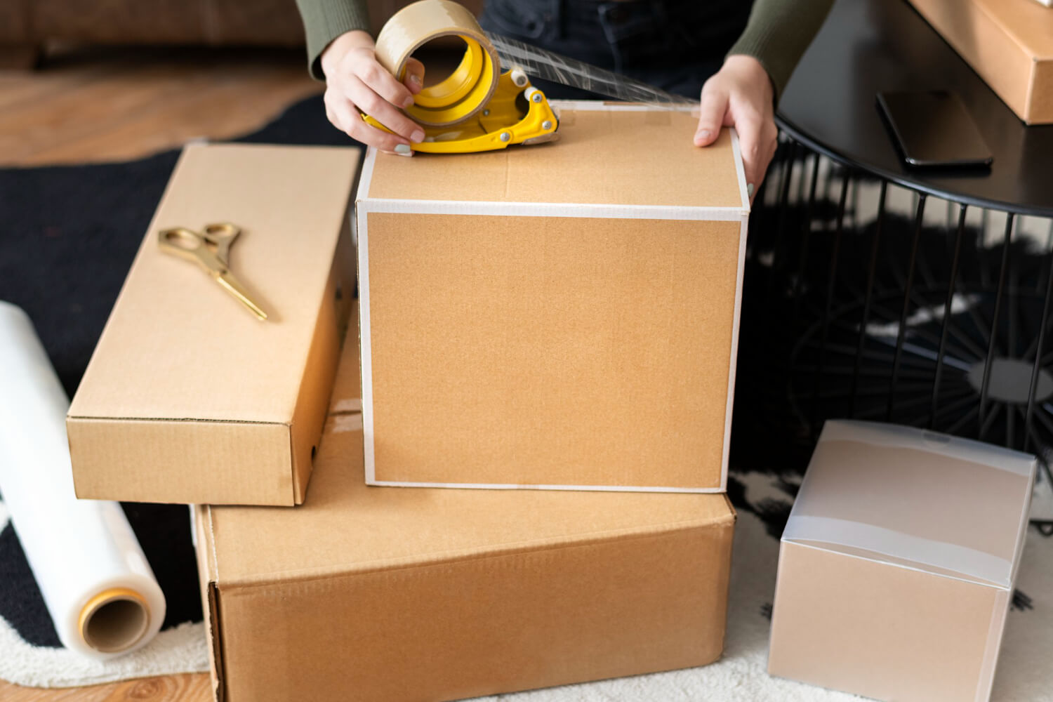 cropped mover closing moving boxes with tape for relocation