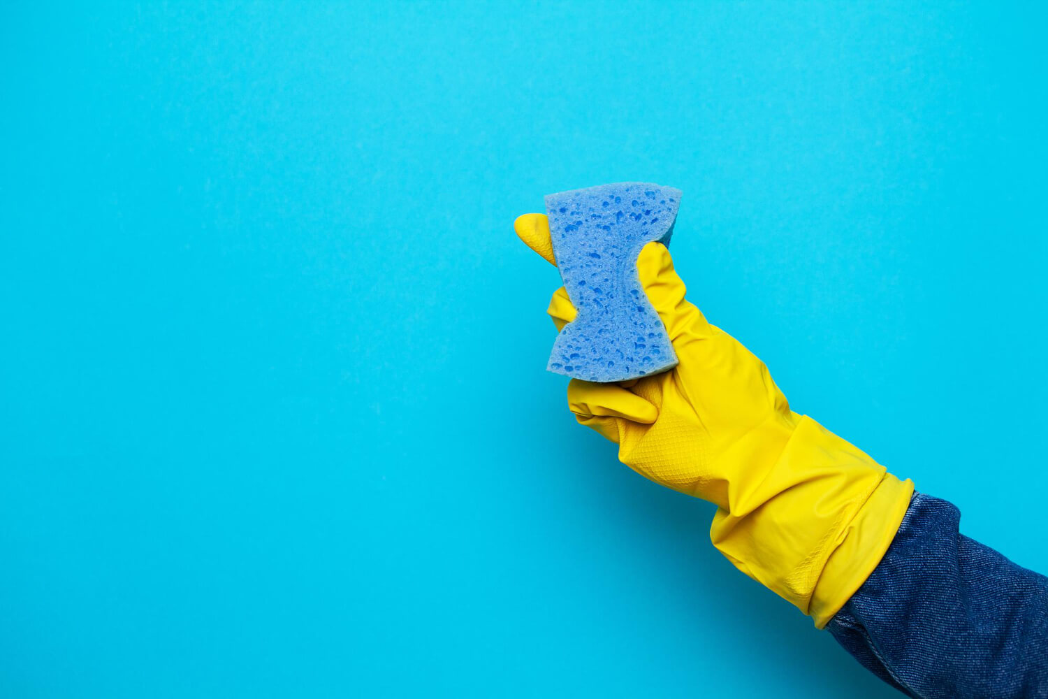 close up female hand in yellow protective gloves holding blue sponge in blue backround