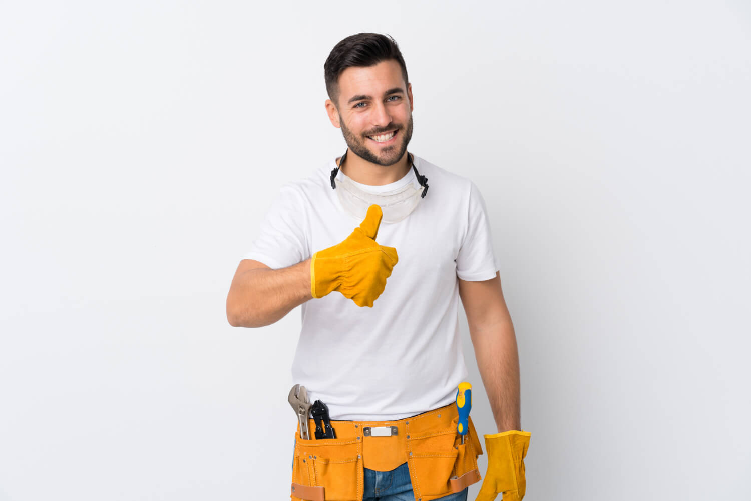 smiley handyman with orange tool box doing thumbs up on camera