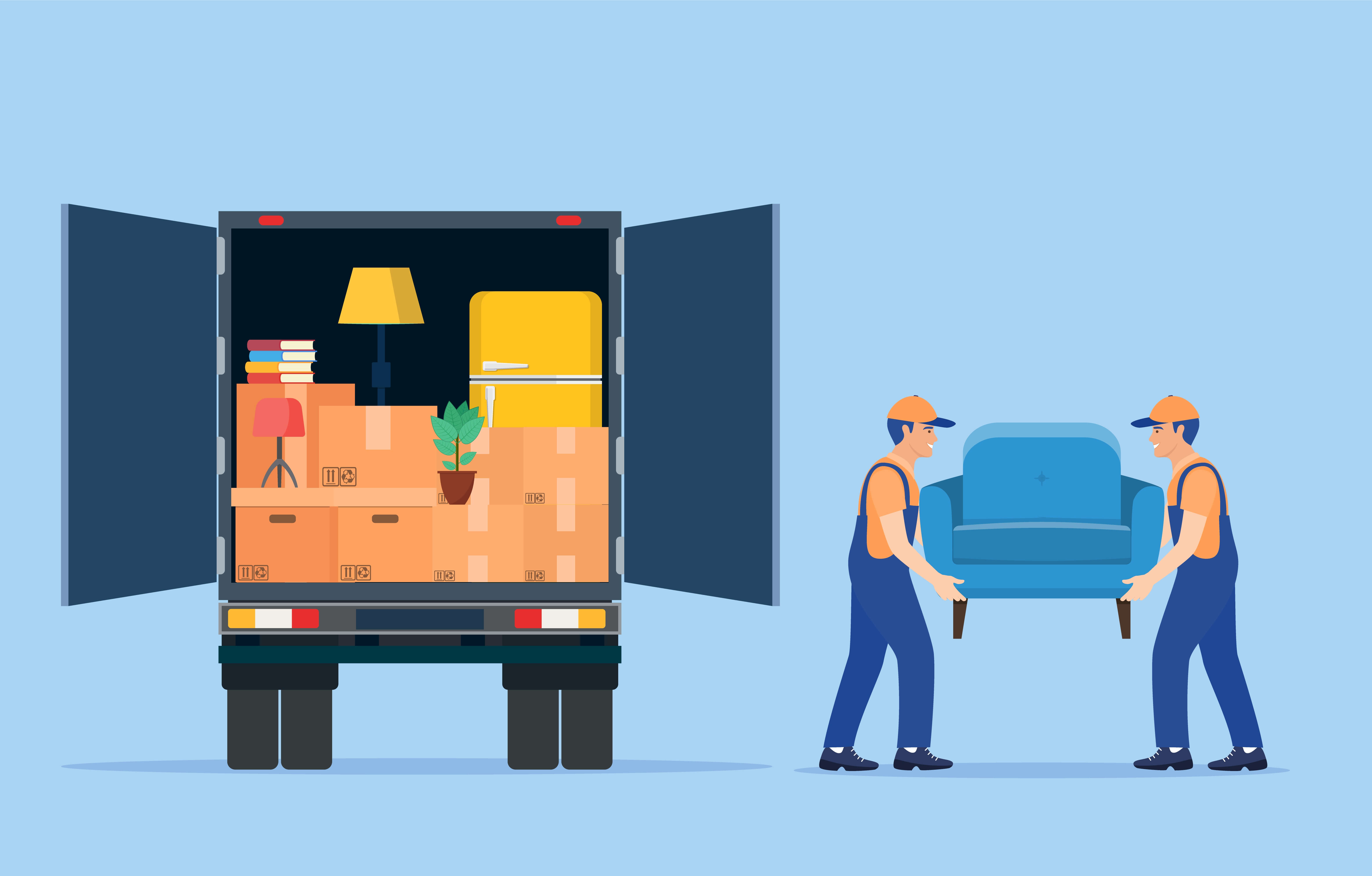 animated movers with uniform carrying out chair in loaded van with staffed moving boxes