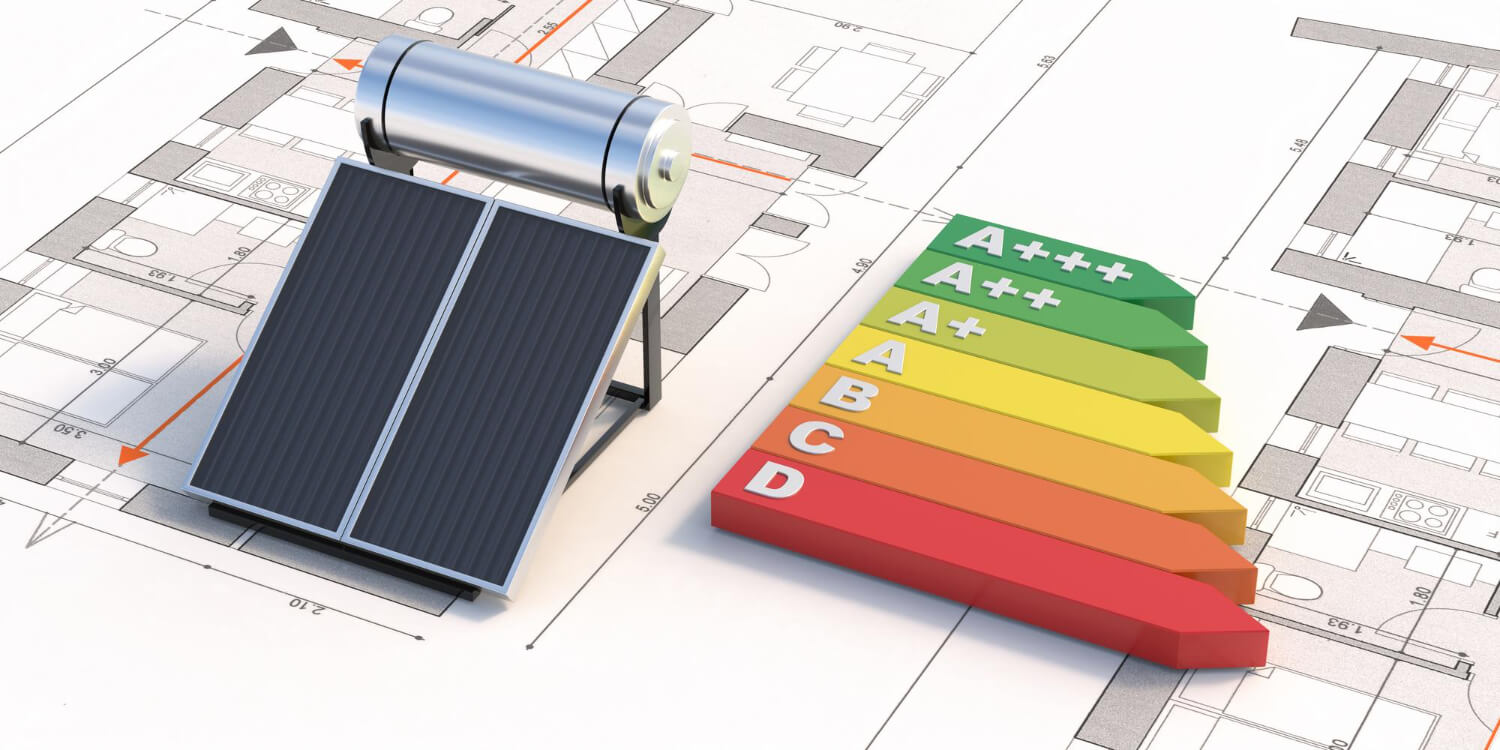 solar water heater and energy efficiency rating chart 3d on blueprint