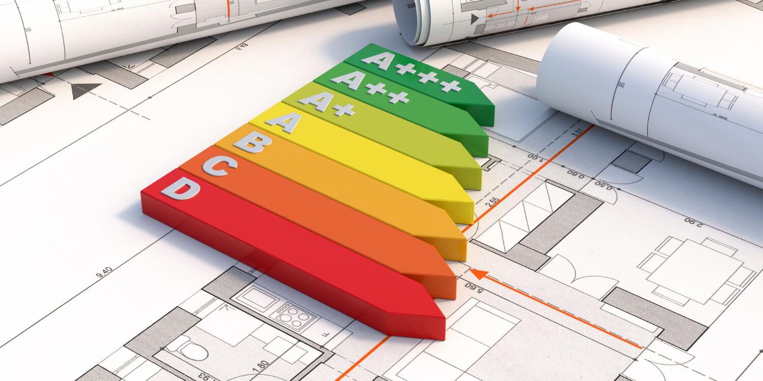 3d energy efficiency rating chart on blueprint plans