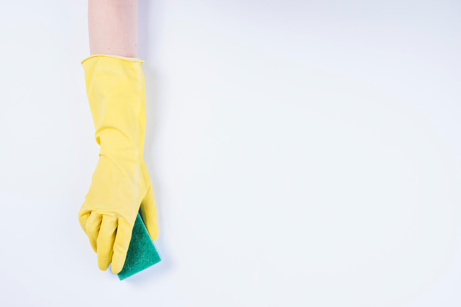 female hand in yellow protective glove holding green sponge with white backround