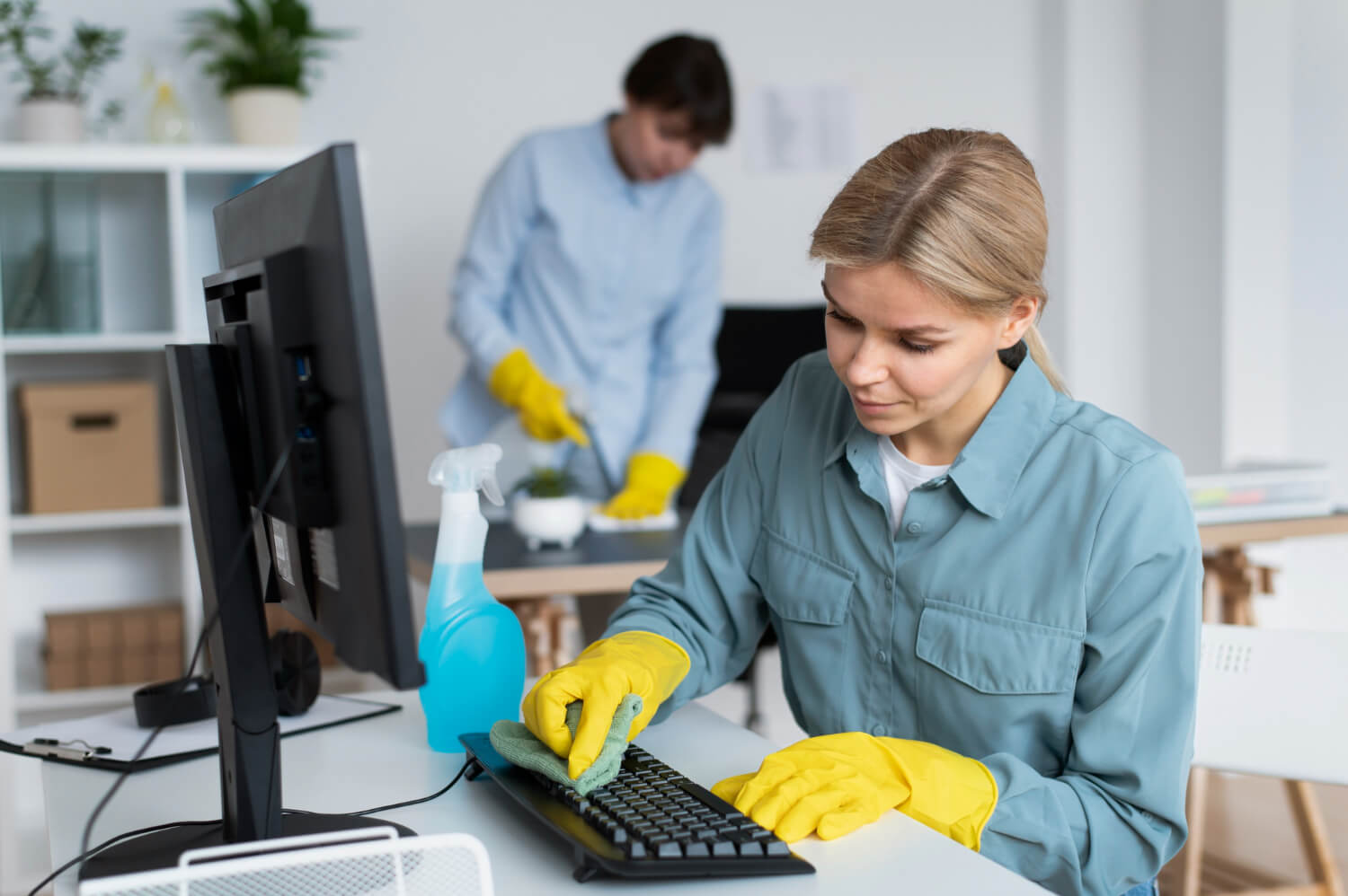 female blonde cleaner close up cleaning keyboard on desk and male cleaner in the back cleaning office