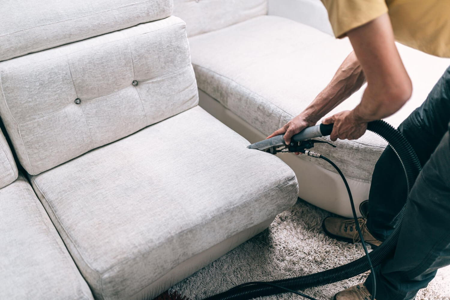 male cleaner cropped close up cleaning sofa with professional vacuum cleaner