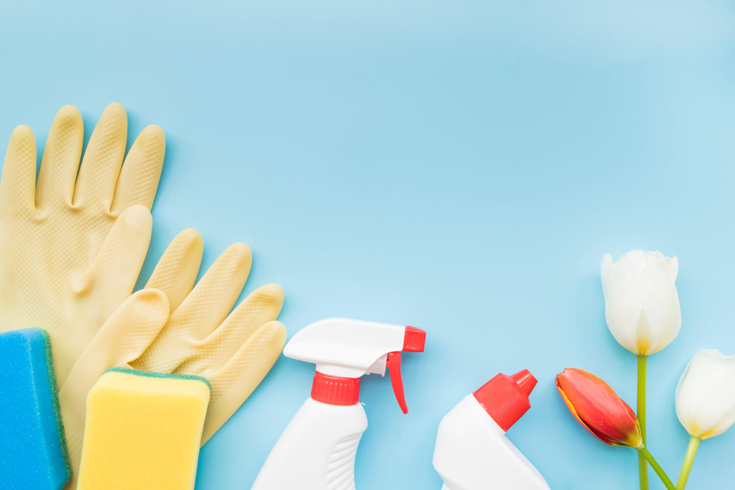 various cleaning products and flowers on blue backround