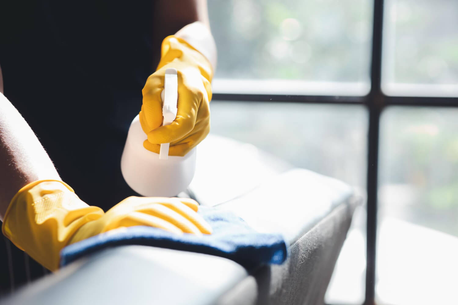 close up cropped female cleaner in yellow gloves cleaning leather sofa with spray and blue cloth