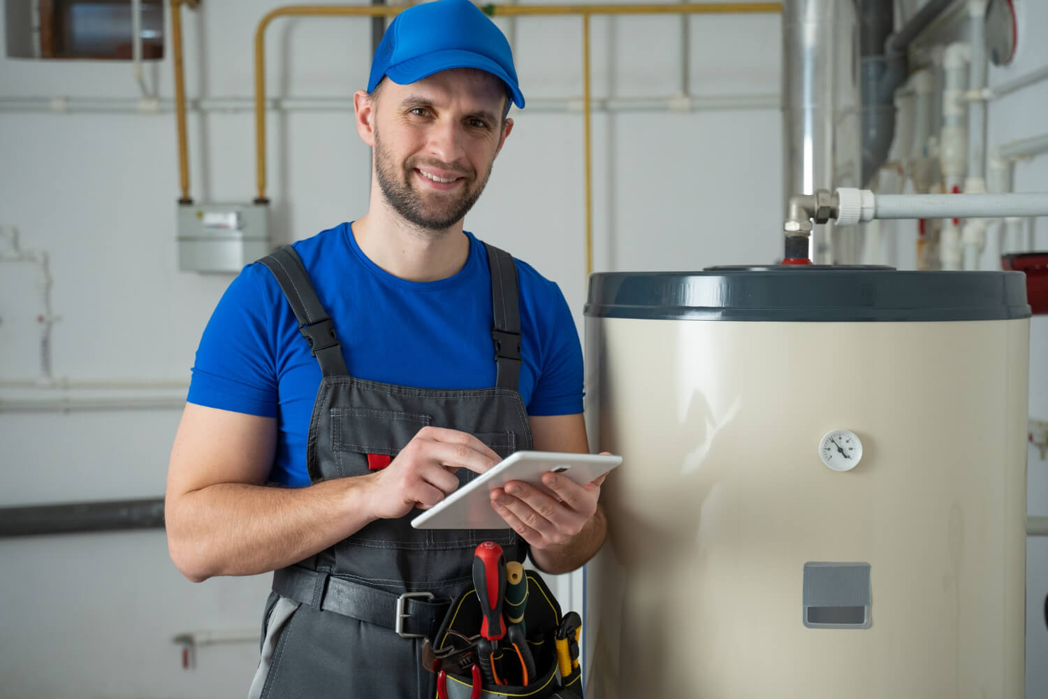 plumber smiling at camera next to boiler while holding textbook and wearing blue uniform and hat