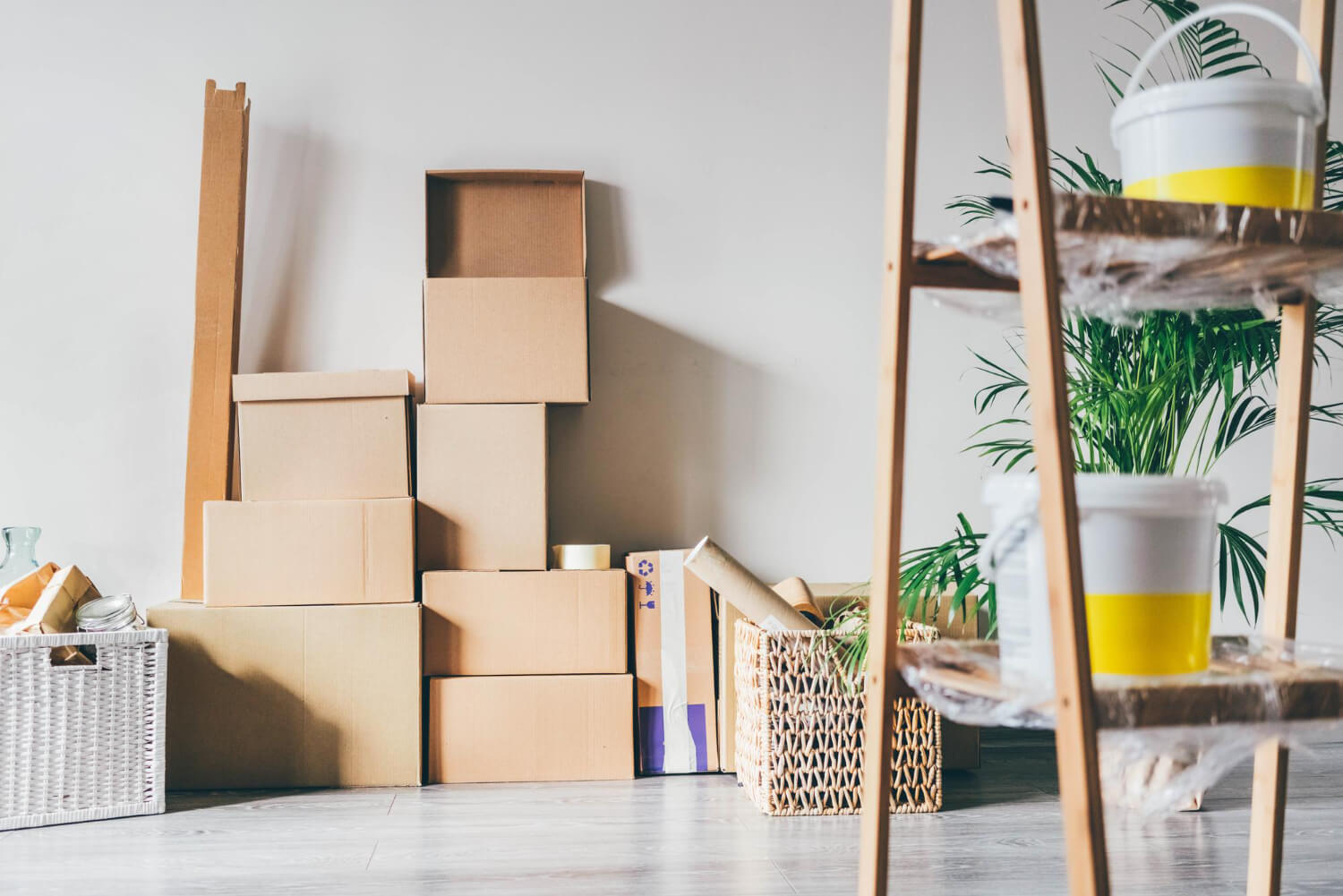 front view of empty room with moving boxes and other relocation staff