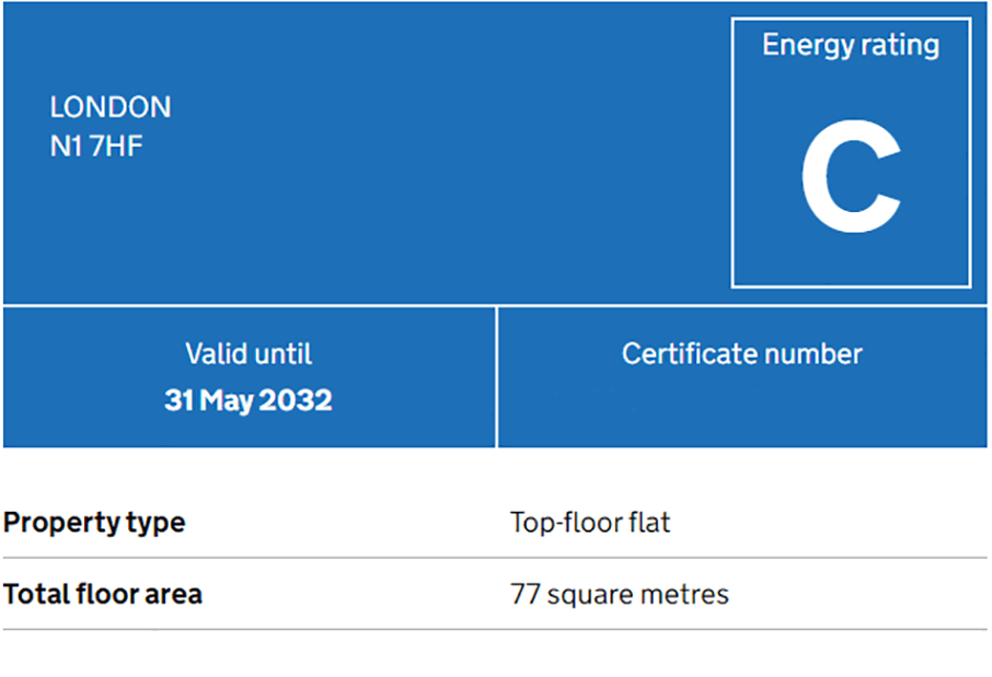 An EPC Certificate issued in London with C rating in a scale from A to G