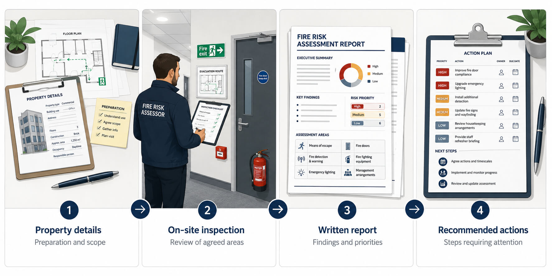 Fire risk assessment process showing property details, an on-site inspection, a written report and recommended actions