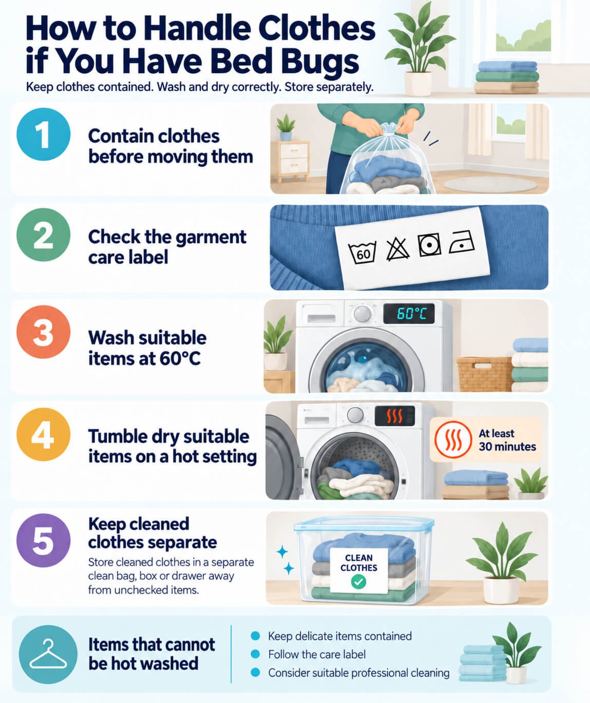 Infographic showing how to handle and launder clothes when bed bugs are present