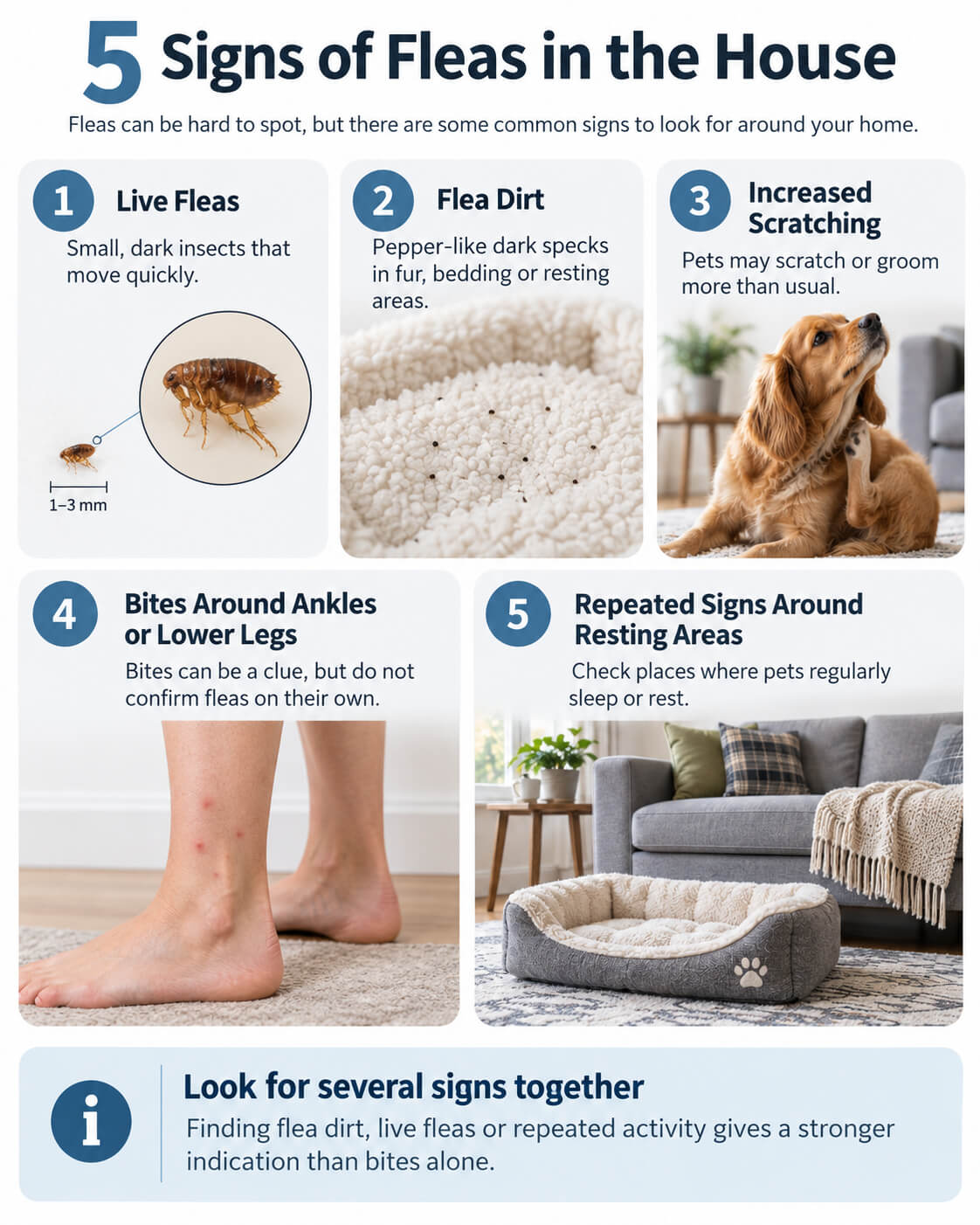 Infographic showing common signs of fleas in the house