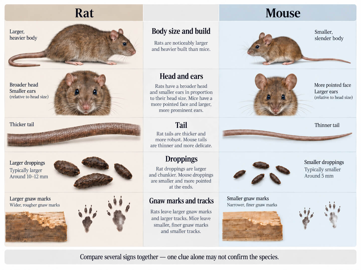 Rat vs mouse comparison showing differences in body size, ears, tail, droppings, gnaw marks and tracks