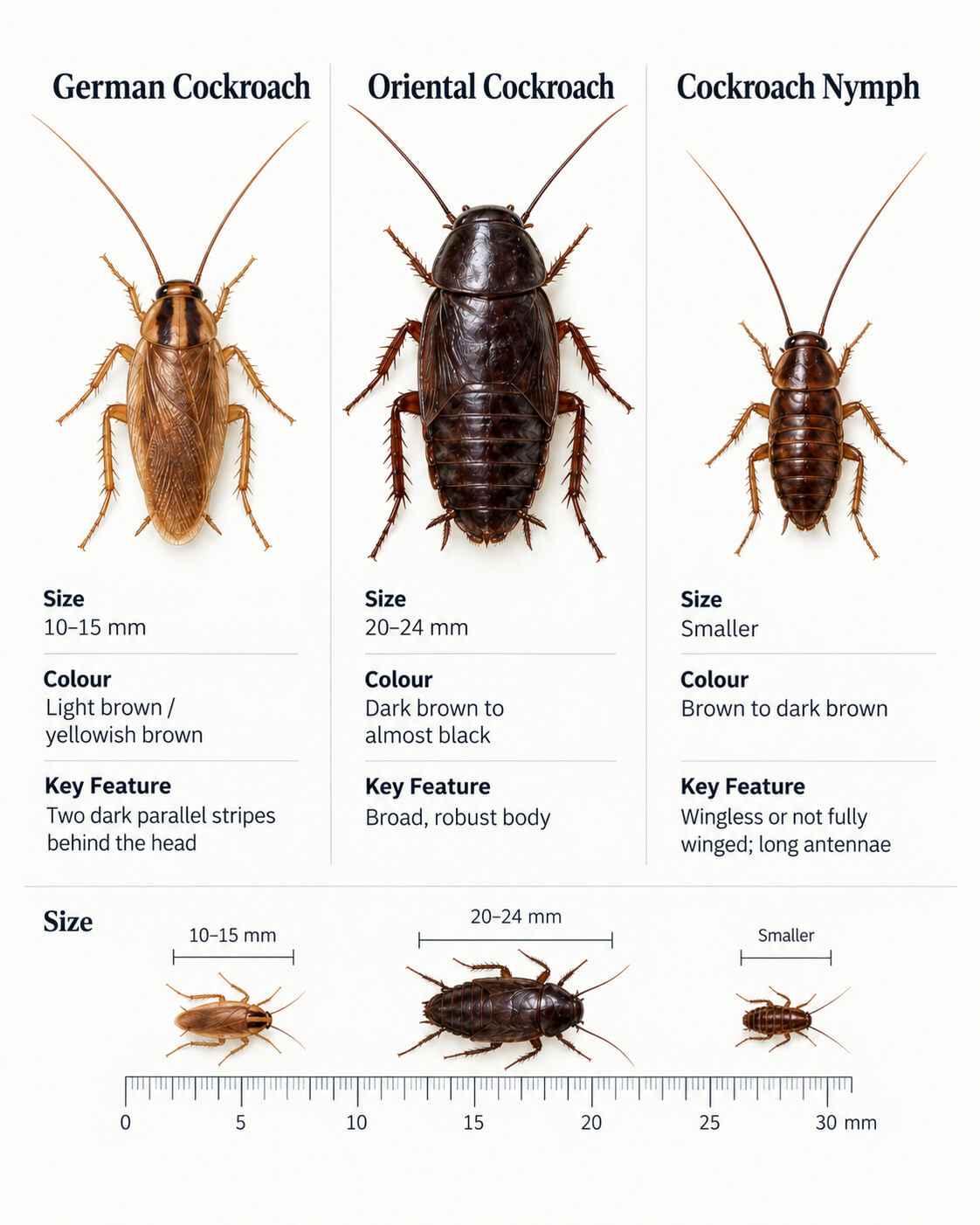 Cockroaches in the UK identification infographic showing common species and nymphs