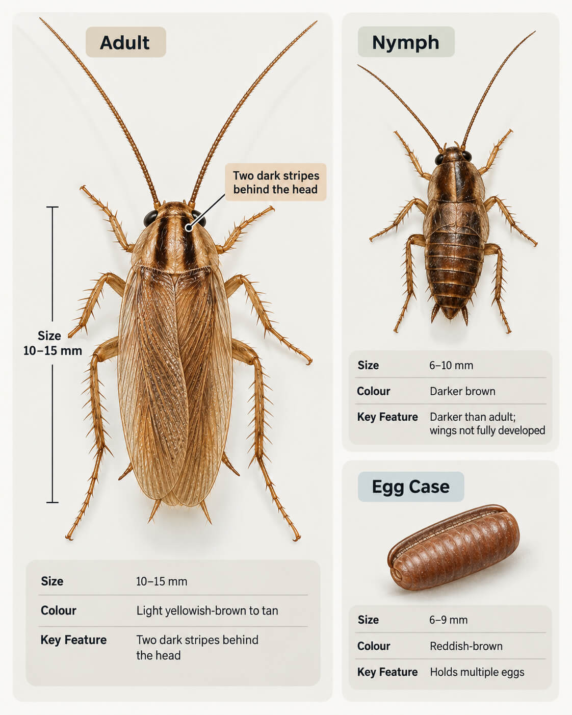 German cockroach identification infographic showing adult, nymph and egg case