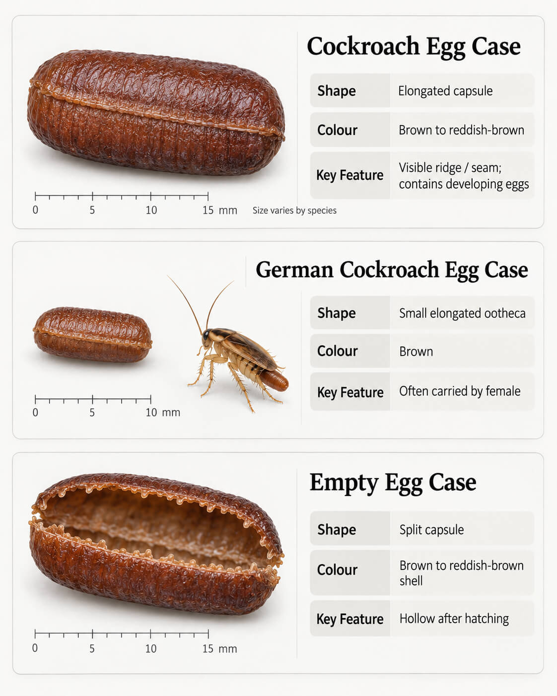 Cockroach egg case identification infographic showing German and empty oothecae