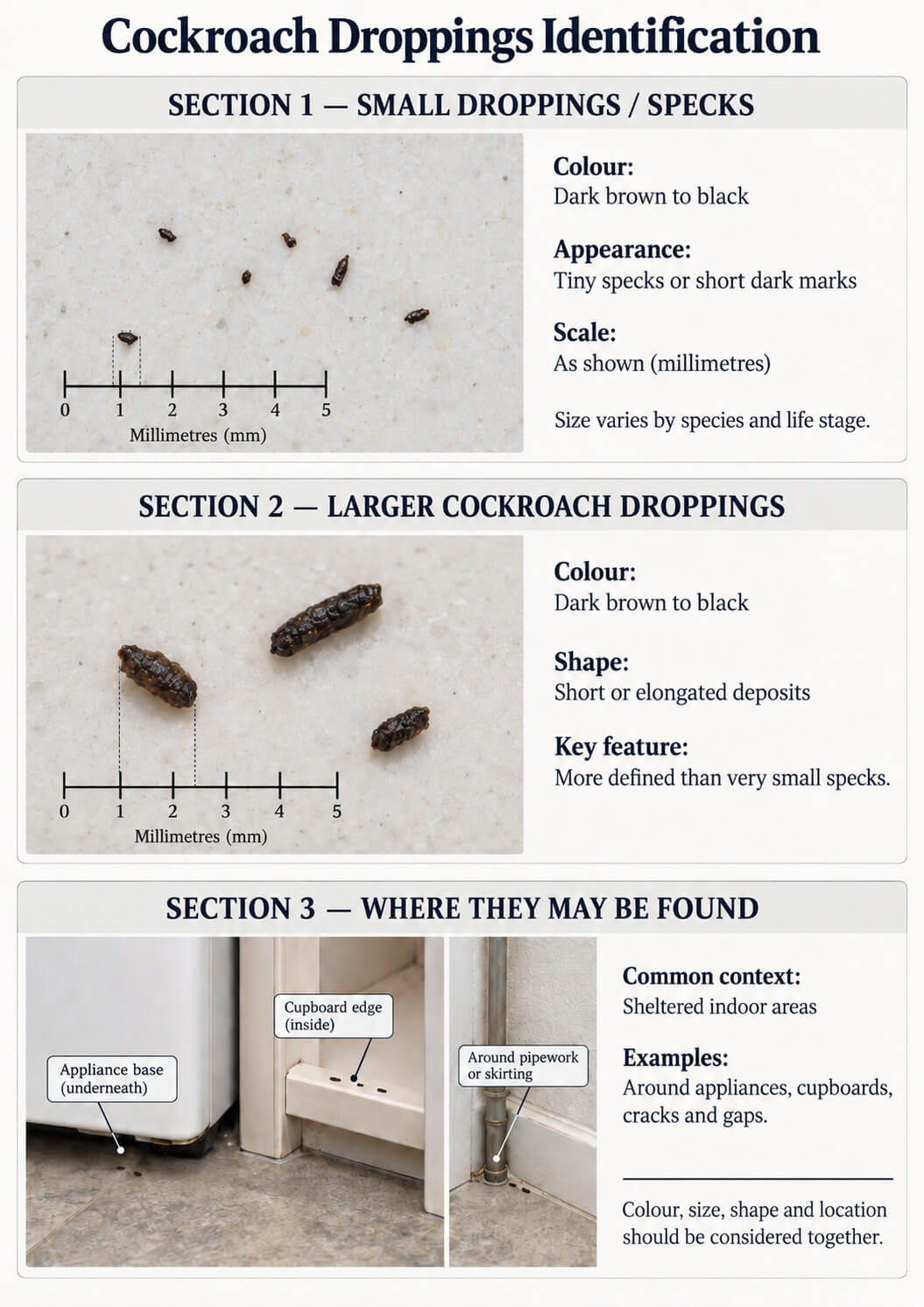 Cockroach droppings identification infographic showing size, shape and common indoor locations
