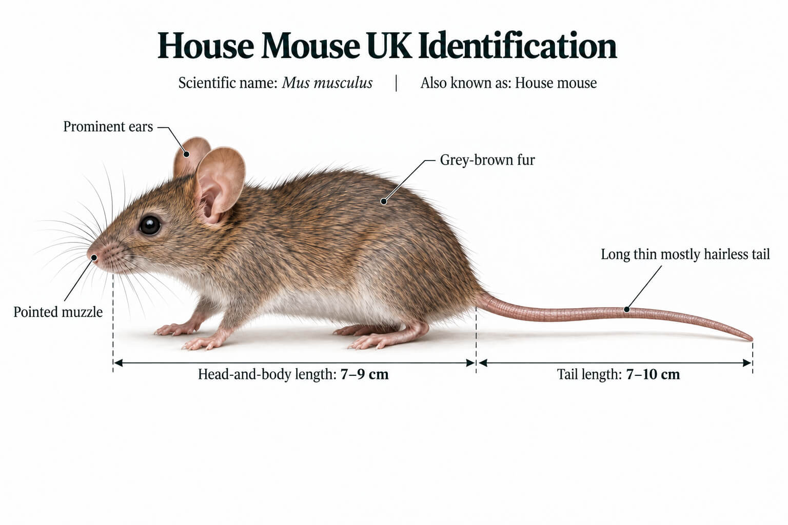 House mouse UK identification showing body length, tail length and physical features