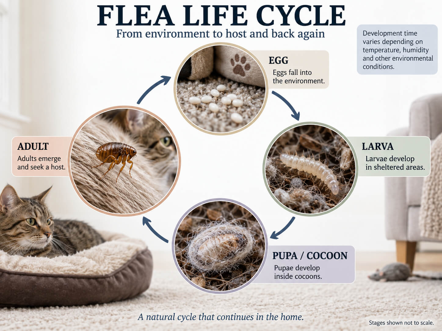 Flea life cycle showing egg, larva, pupa and adult stages