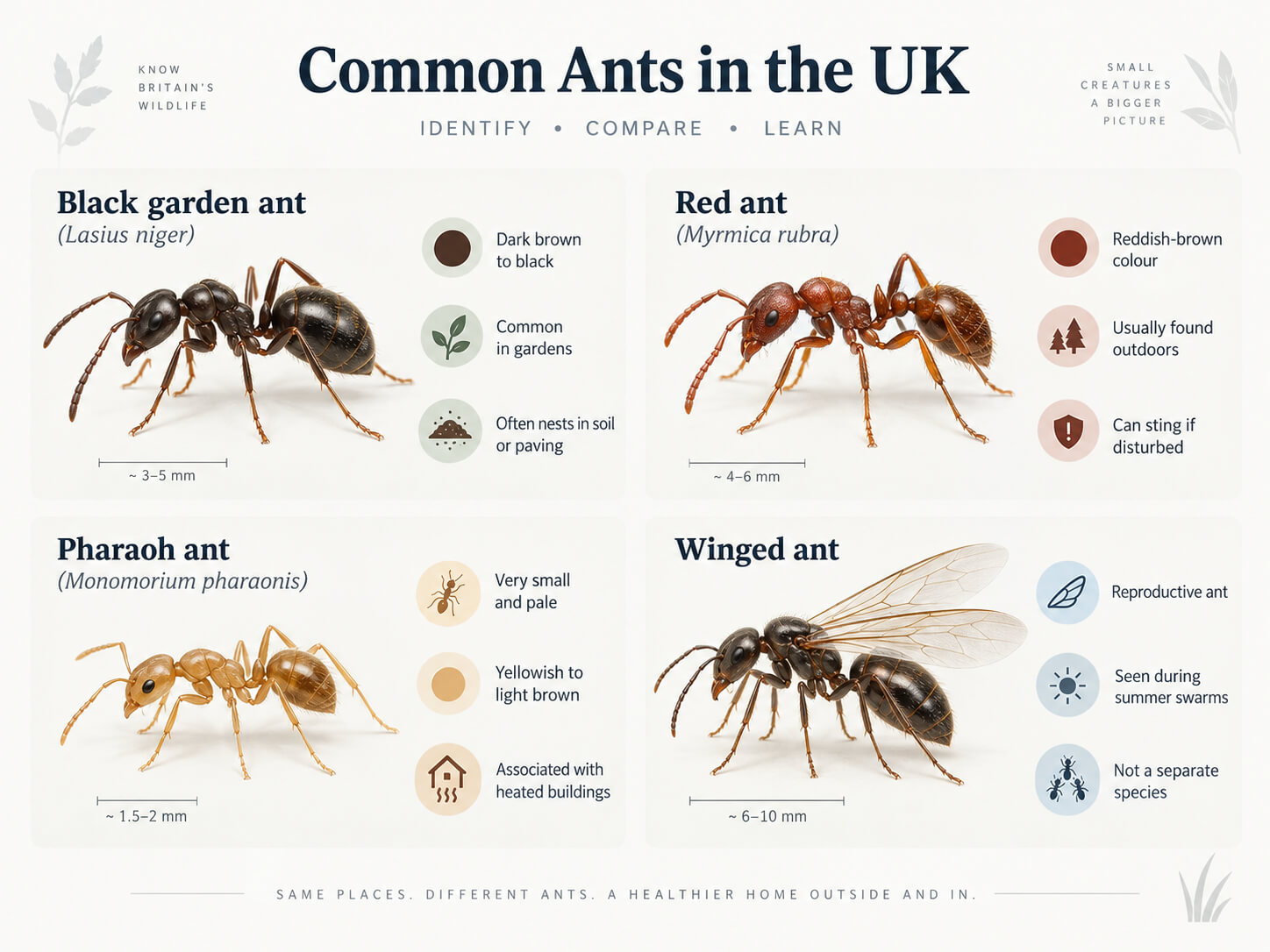 UK ant identification comparing black garden, red, pharaoh and winged ants