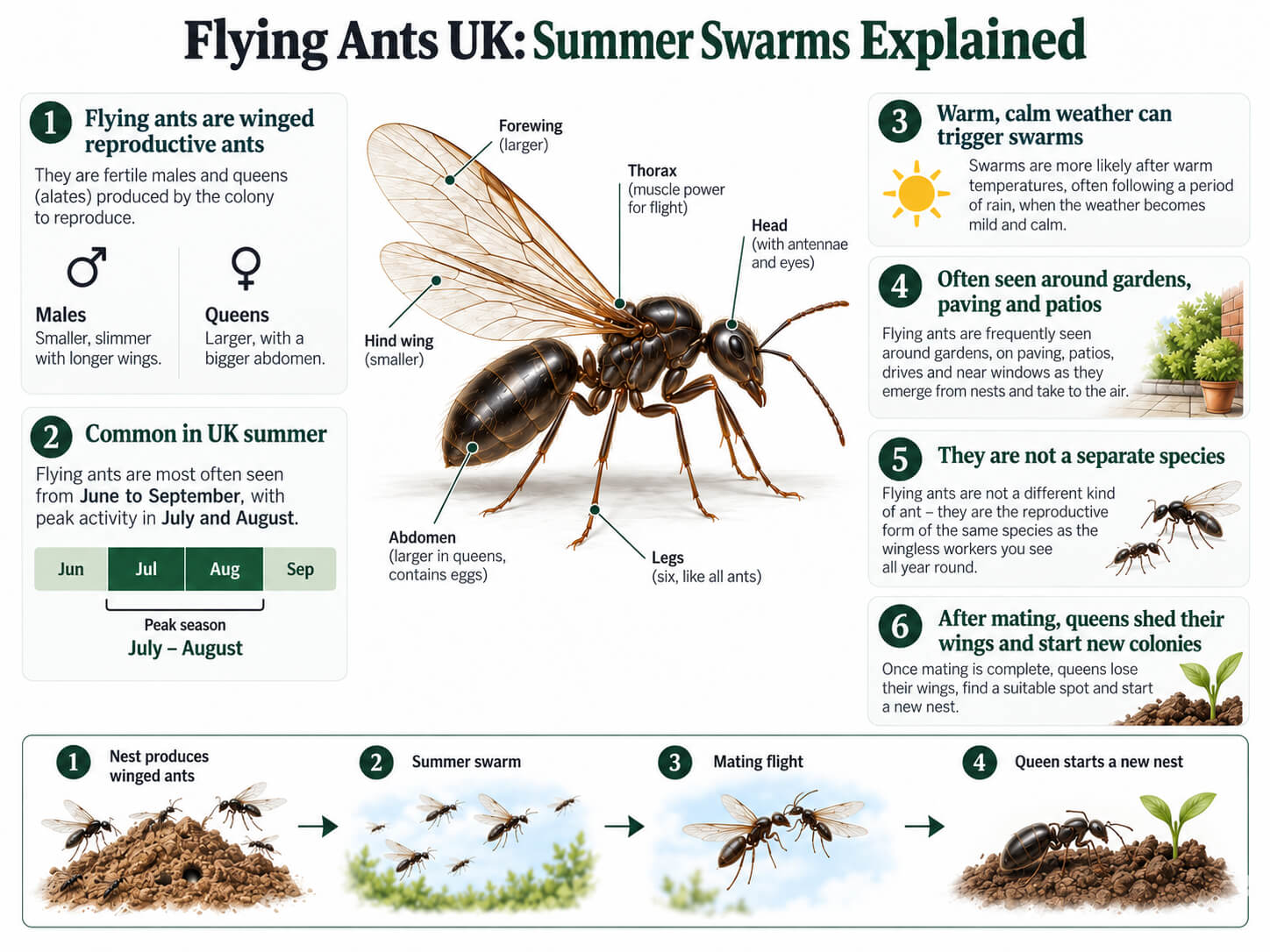 Flying ants UK infographic explaining summer swarms, winged ants and Flying Ant Day