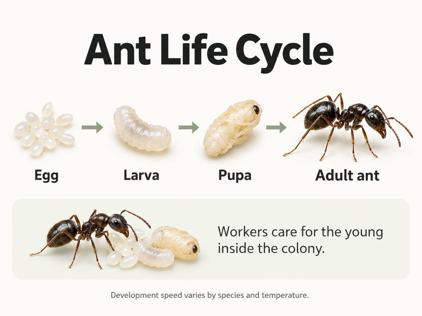 Ant life cycle showing egg, larva, pupa and adult stages