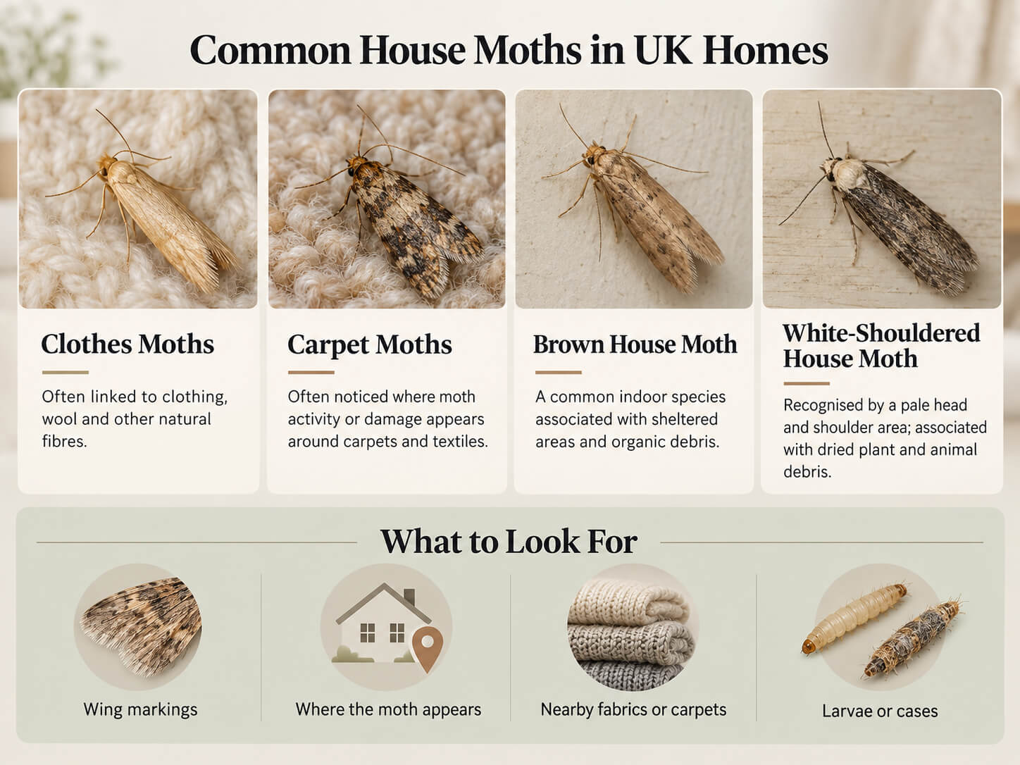 Common house moths in UK homes infographic showing identification clues for clothes moths, carpet moths, brown house moth and white-shouldered house moth