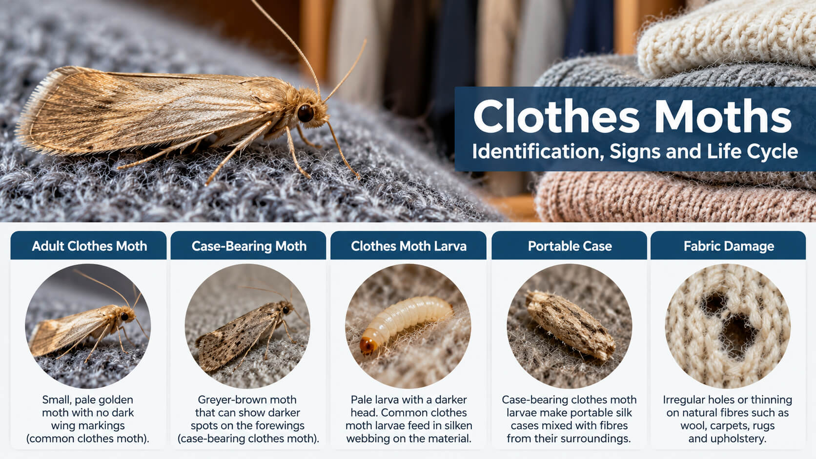 Clothes moth identification infographic showing adult moths, larvae, portable cases and fabric damage