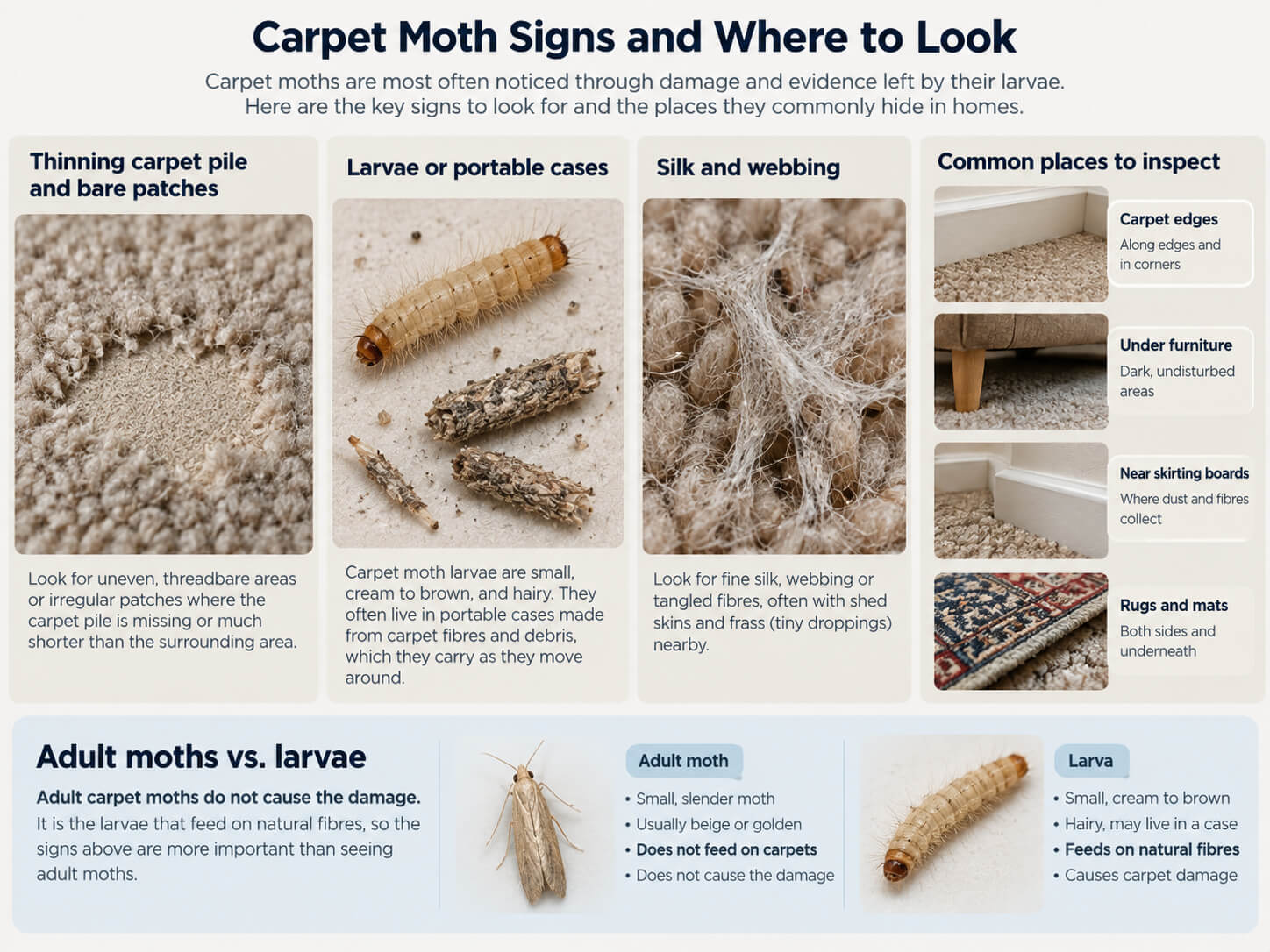 Carpet moth signs infographic showing damaged carpet pile, larvae, webbing and common places to inspect