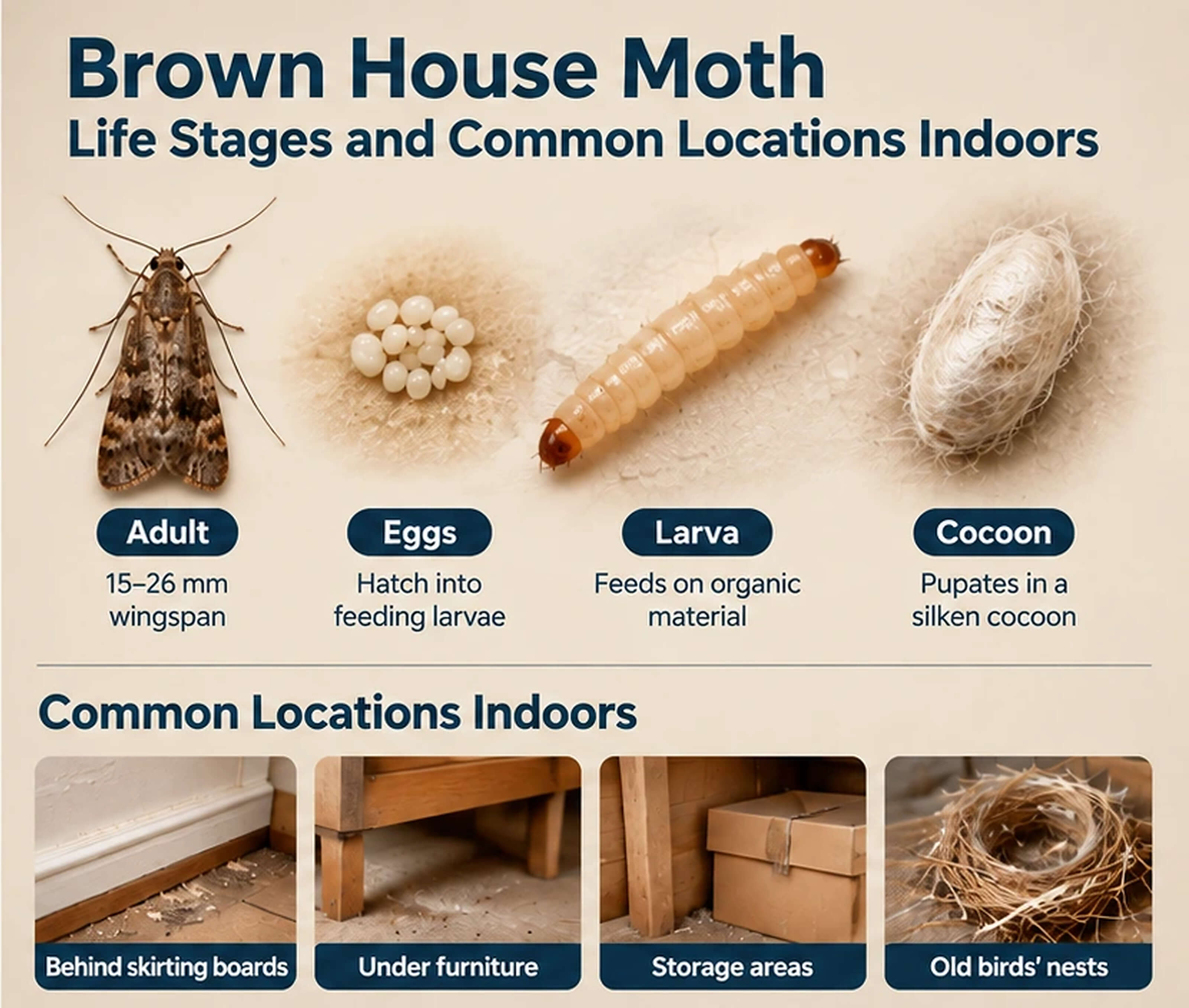 Brown house moth identification infographic showing life stages and common indoor hiding places