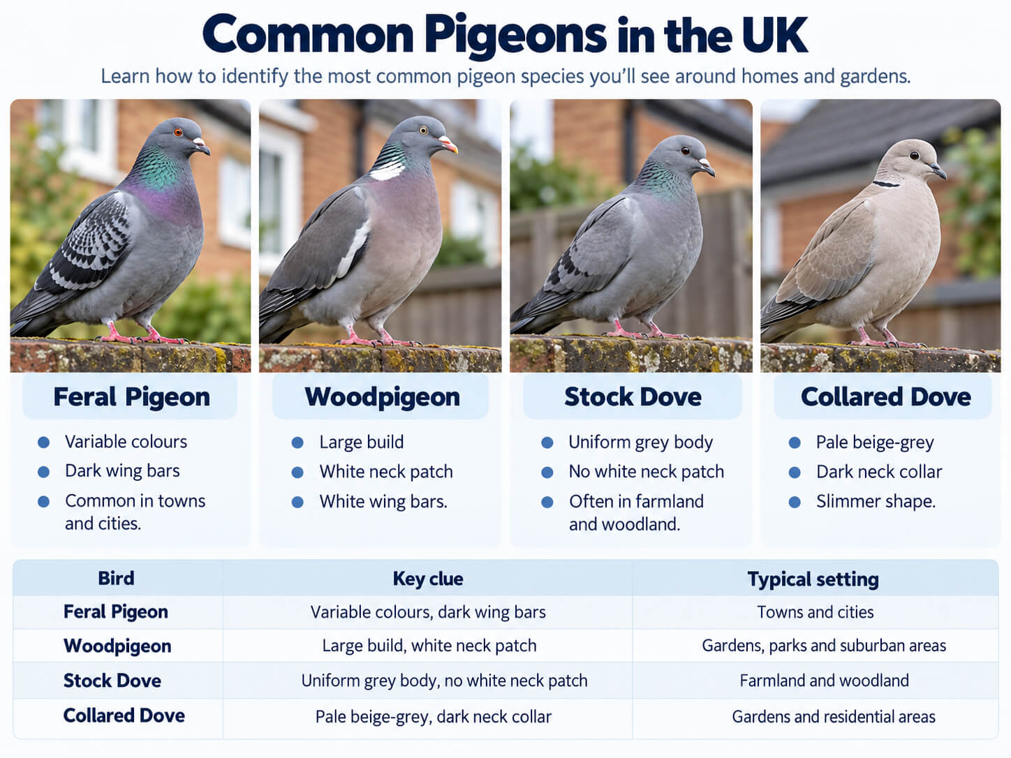 UK pigeon identification guide comparing feral pigeon, woodpigeon, stock dove and collared dove
