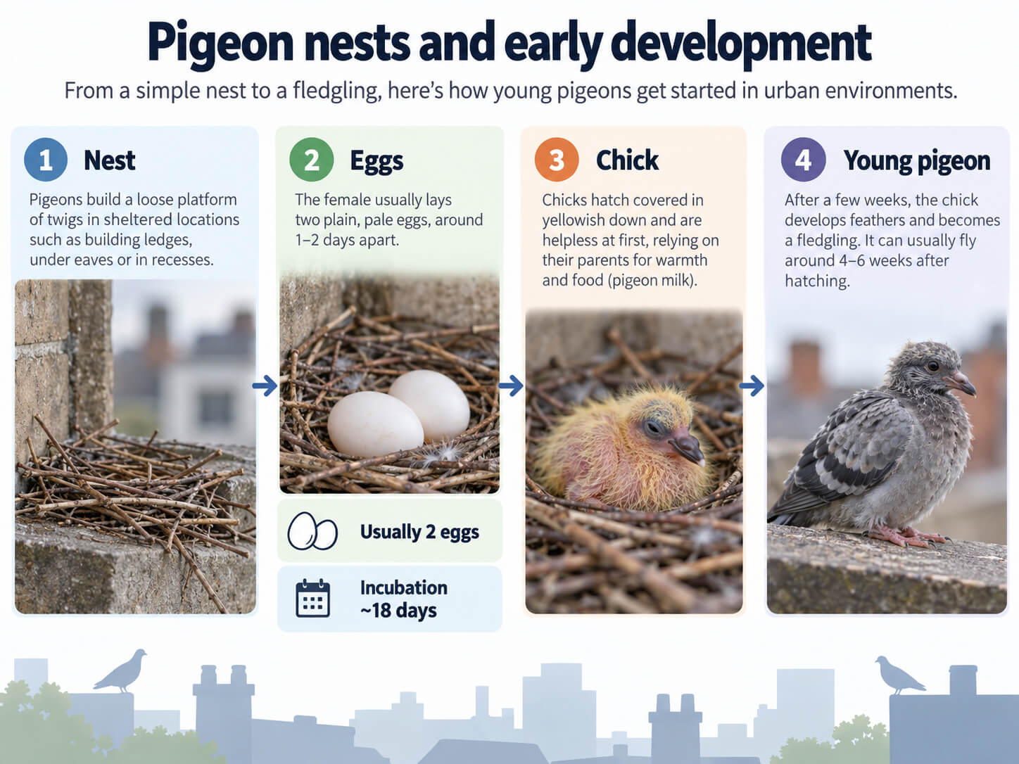 Pigeon nest and egg identification guide showing nest appearance, eggs, hatching and young pigeons
