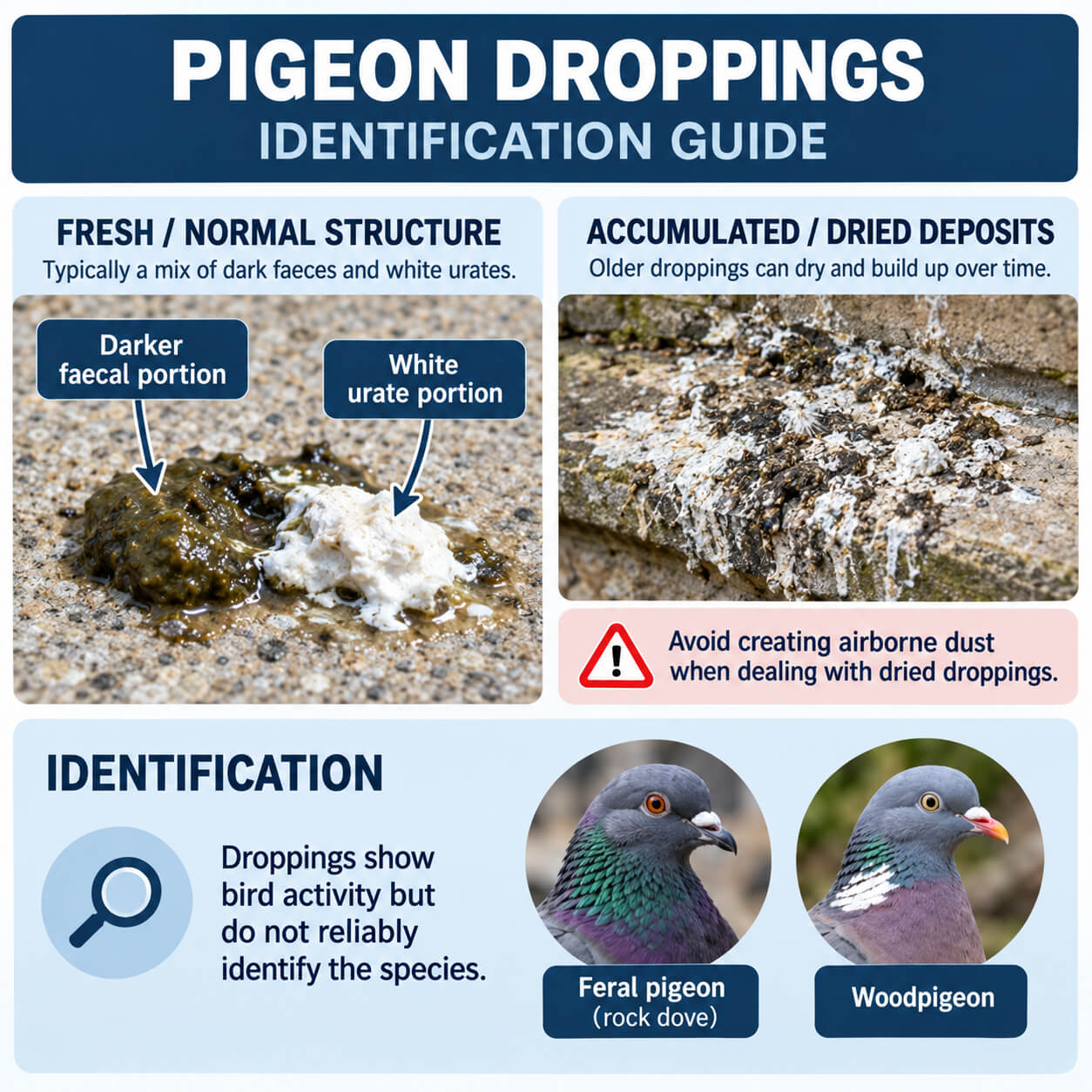 Pigeon droppings identification guide showing fresh droppings, white urates and dried deposits