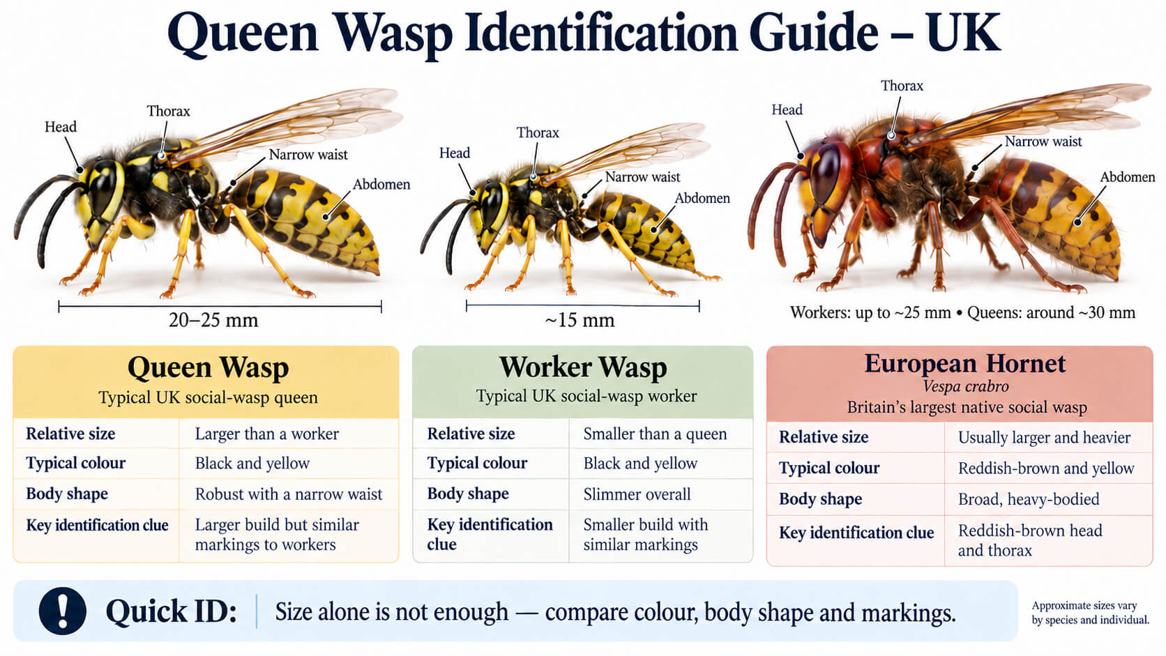 Queen wasp identification comparison with worker wasp and European hornet in the UK