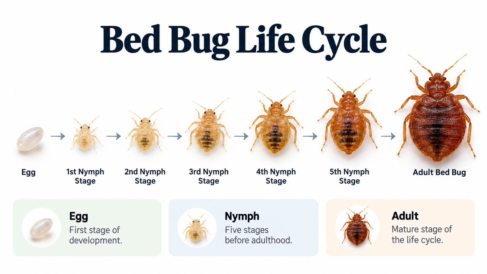 Bed bug life cycle showing egg, five nymph stages and adult bed bug