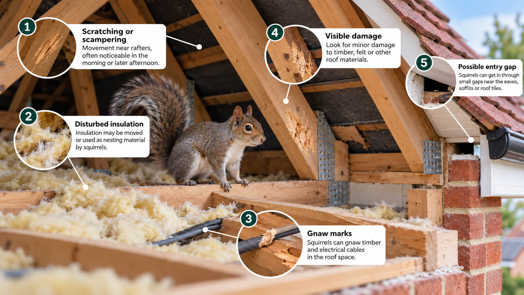 Infographic showing common signs of squirrels in a loft, including noises, disturbed insulation, gnaw marks, roof damage and entry gaps