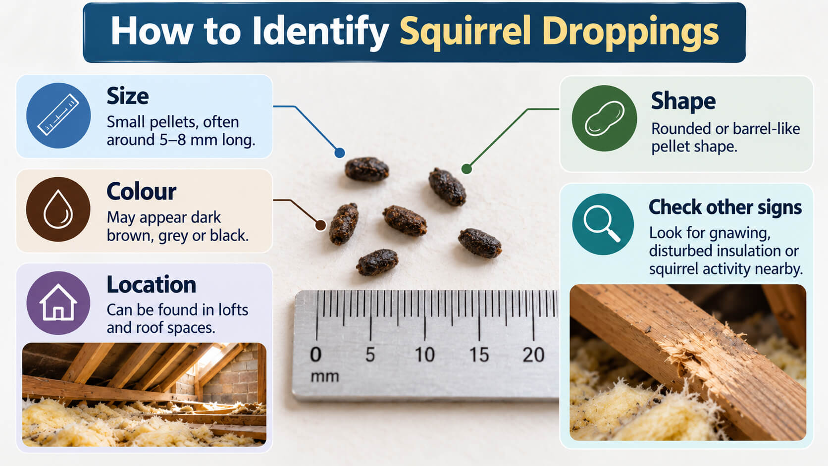 Infographic showing squirrel droppings size, shape, colour, loft location and other identification clues