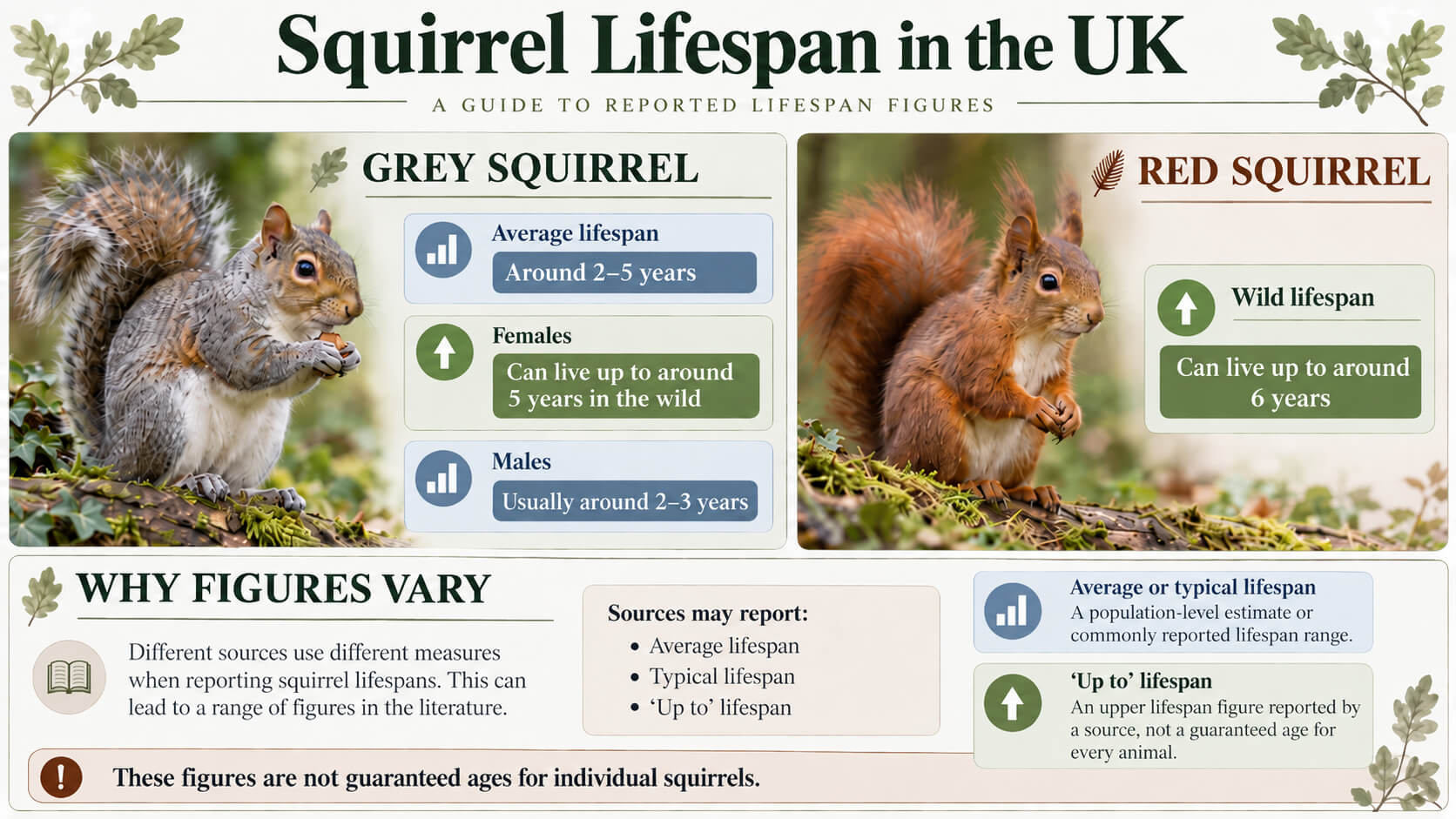 UK squirrel lifespan infographic comparing grey and red squirrel lifespans